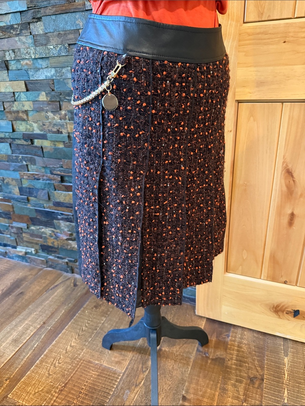 Per Se Black Tweed A-Line Skirt with Orange Fleck & Chain Detail w chain zipper